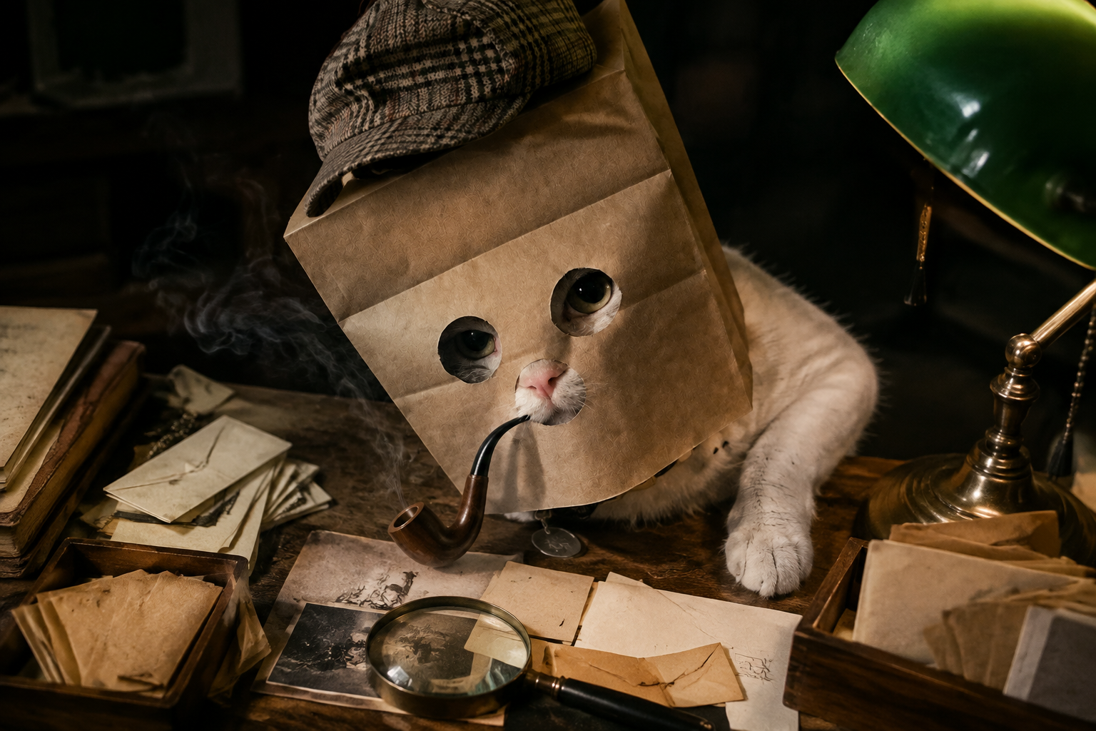 Anonymous Pipe Cat investigating a desk full of case files
